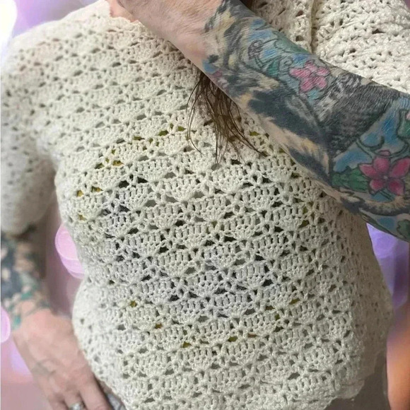 Vintage 60s shimmery cream chunky knit short sleeve pull over sweater M/L - Picture 9 of 10